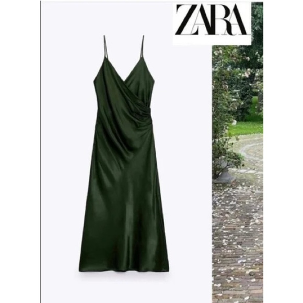 Zara Women's Satin Dark Green Midi Slip Dress